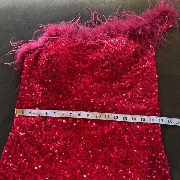 Women’s Pink Short Feather & Sequin One Shoulder Prom Party Dress Size 14 *READ - Picture 11 of 16
